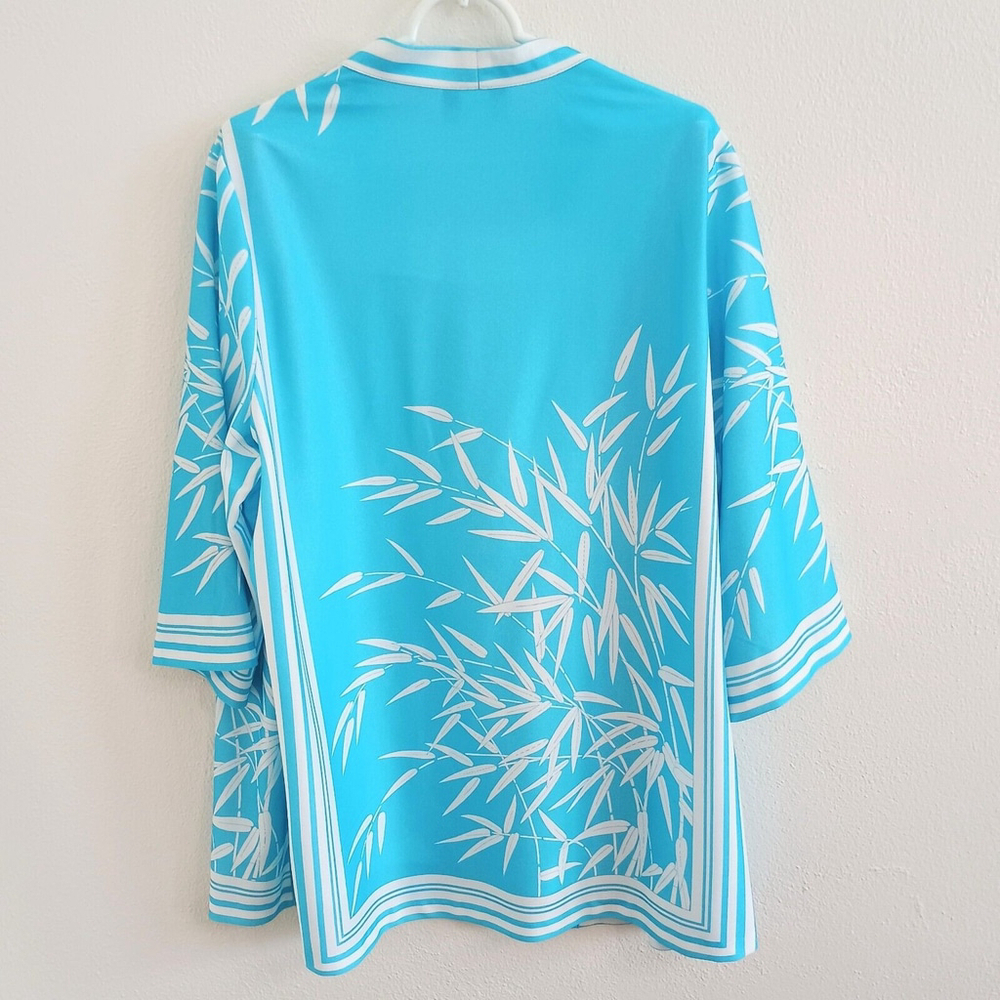 Vtg Top Notch Layered Open Front Shirt 3/4 Sleeve Turquoise Hawaiian Sz 40/20W - Picture 2 of 9